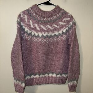VINTAGE FRON ENTERPRISES Handknit 100% Wool Sweater Pink Gray Geometric Small